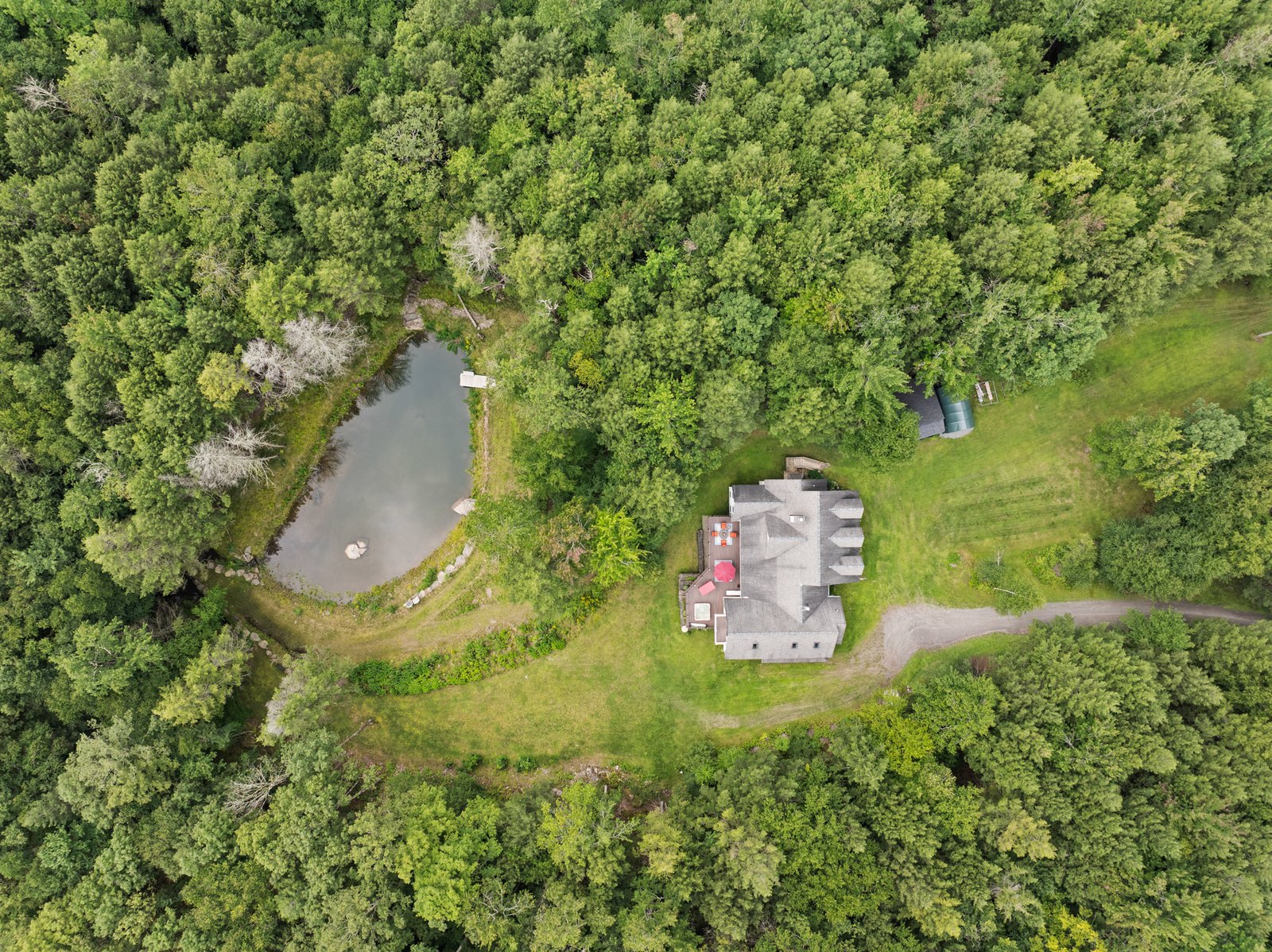 Aerial view of a house and pond within unbroken forest.