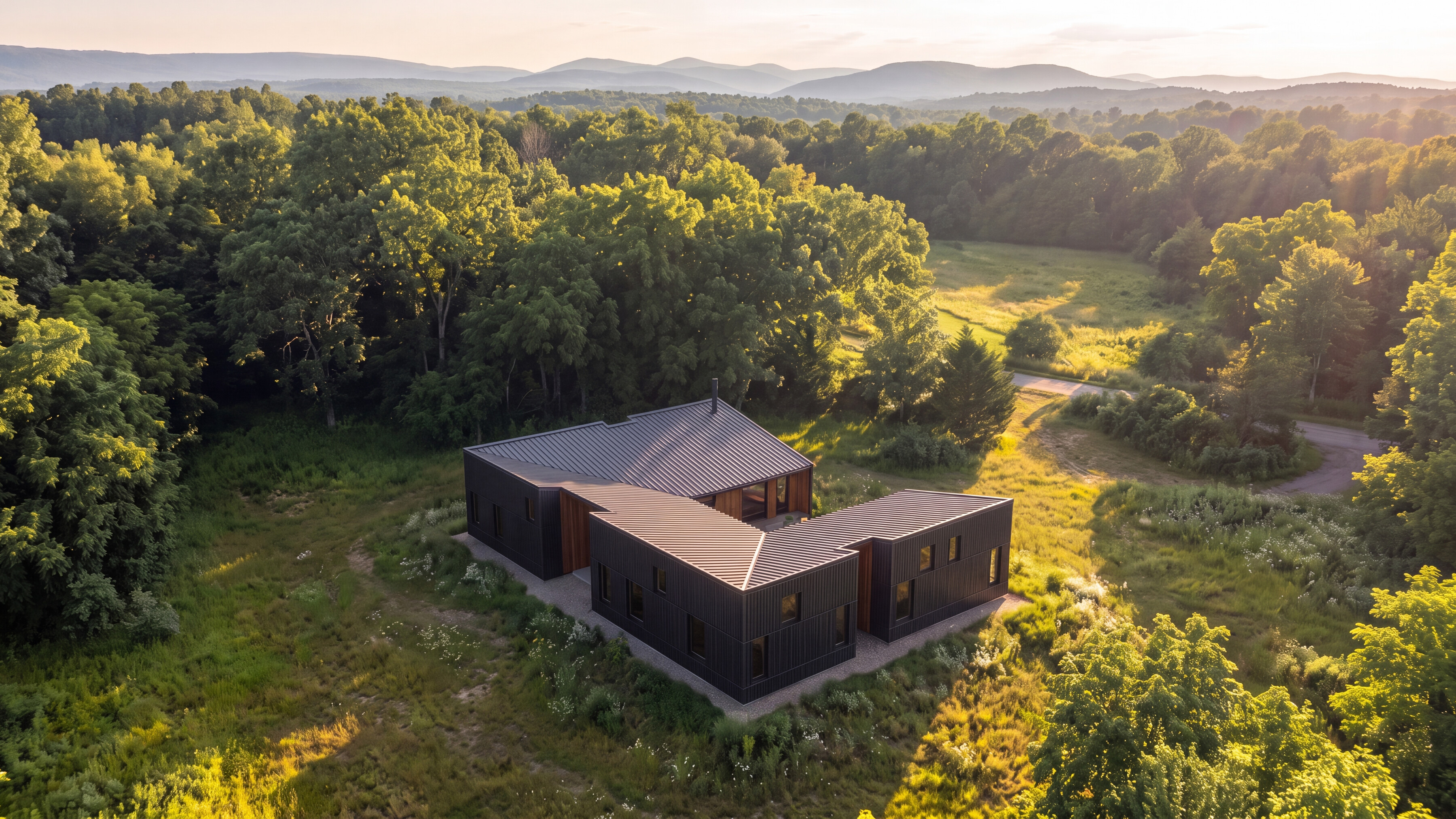 HighFell — golden-hour aerial rendering