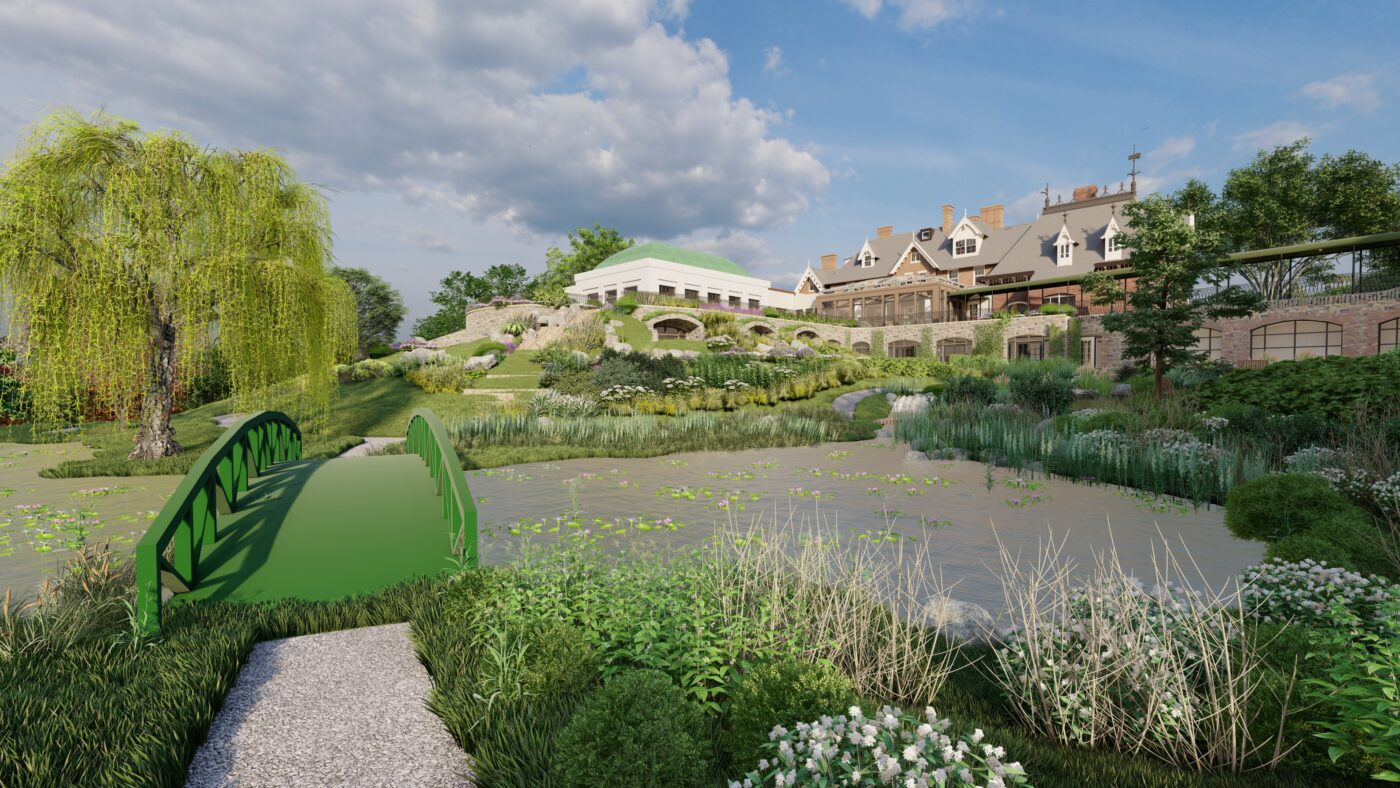 Mirbeau Beacon — a green Monet-style bridge over a lily-pad pond, the restored Howland Mansion and new Spa Chateau rising on the hillside beyond