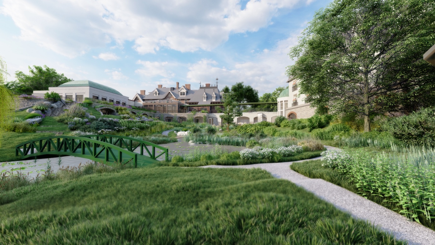 Mirbeau Beacon — Monet-inspired gardens with a green bridge over a lily-pad pond, stone arches set into the hillside beyond