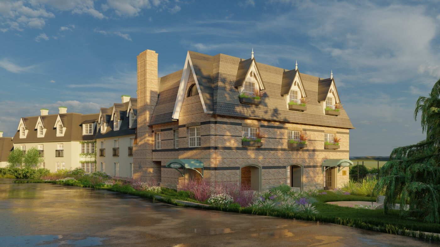 The new Spa Chateau wing at Mirbeau Beacon — a long stucco-and-stone wing with dormered roof at golden hour, reflected in a still pond, mature trees framing the composition