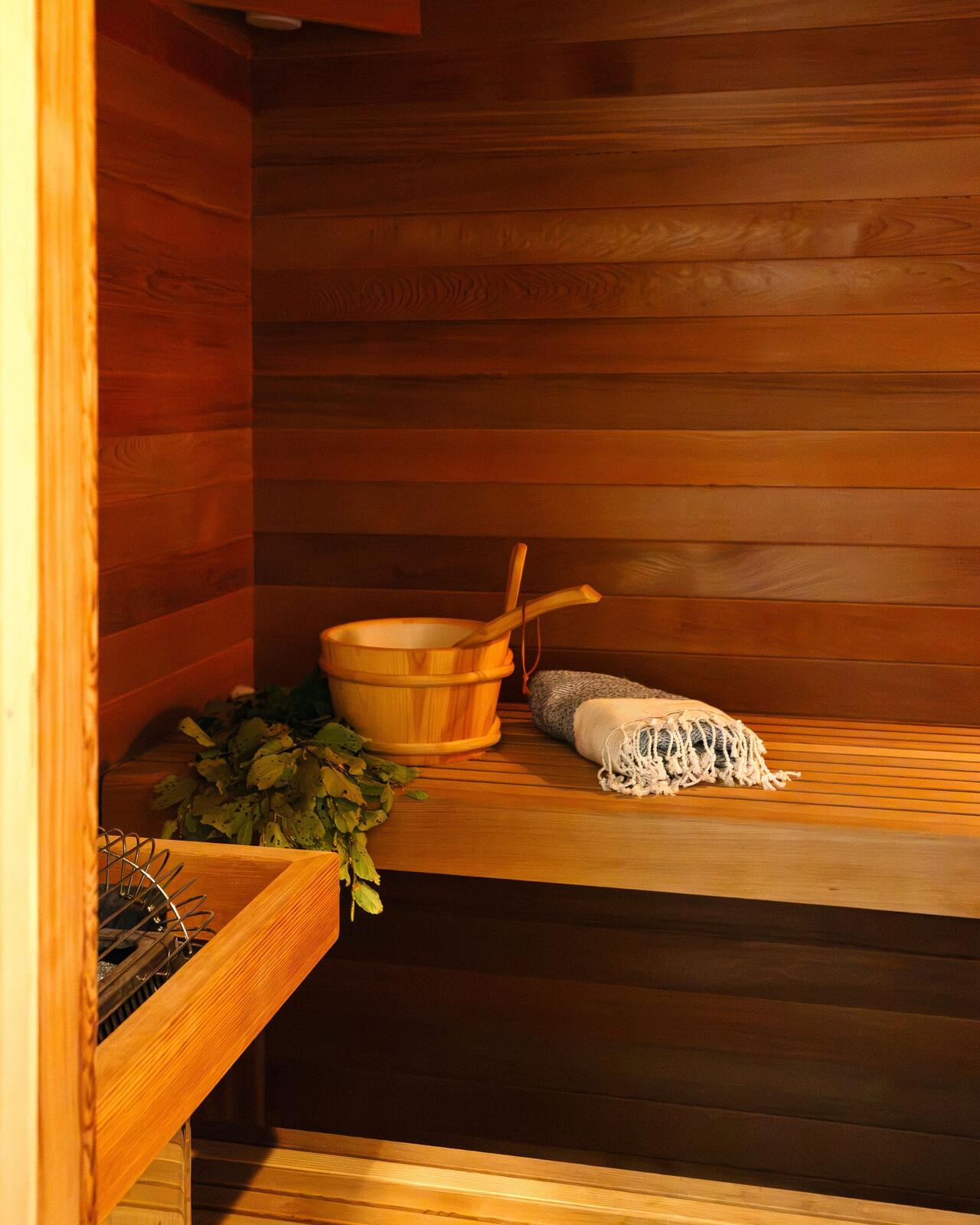 The wood-lined sauna.