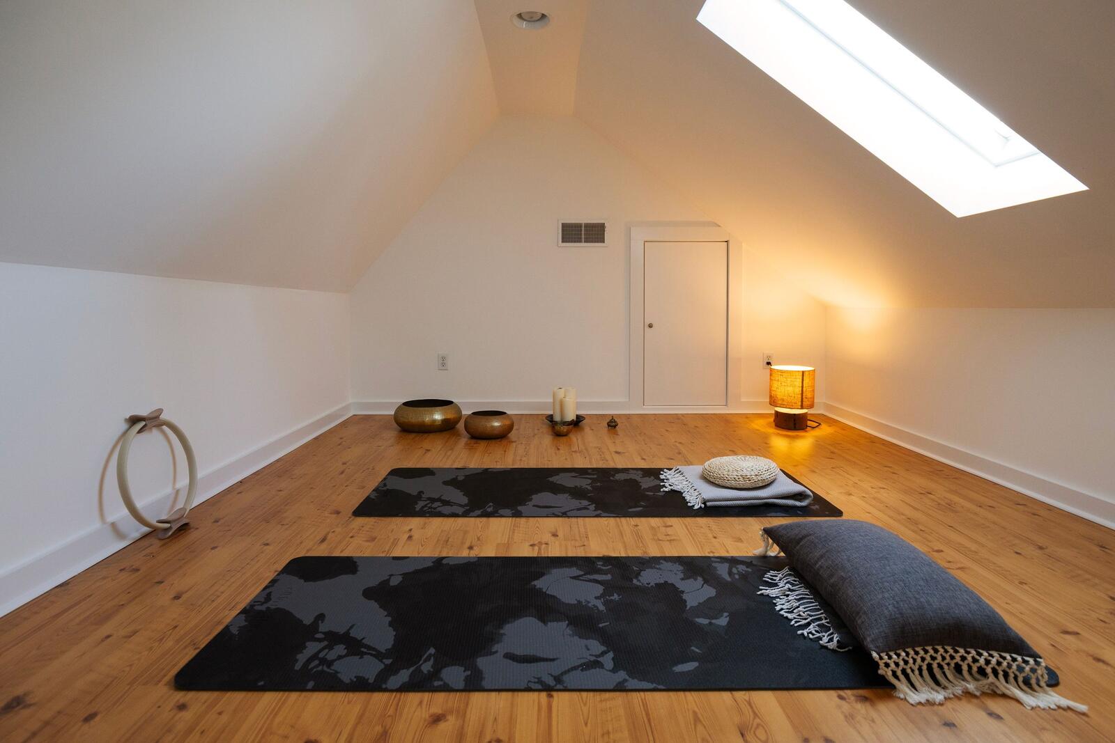 The loft beneath a skylight.