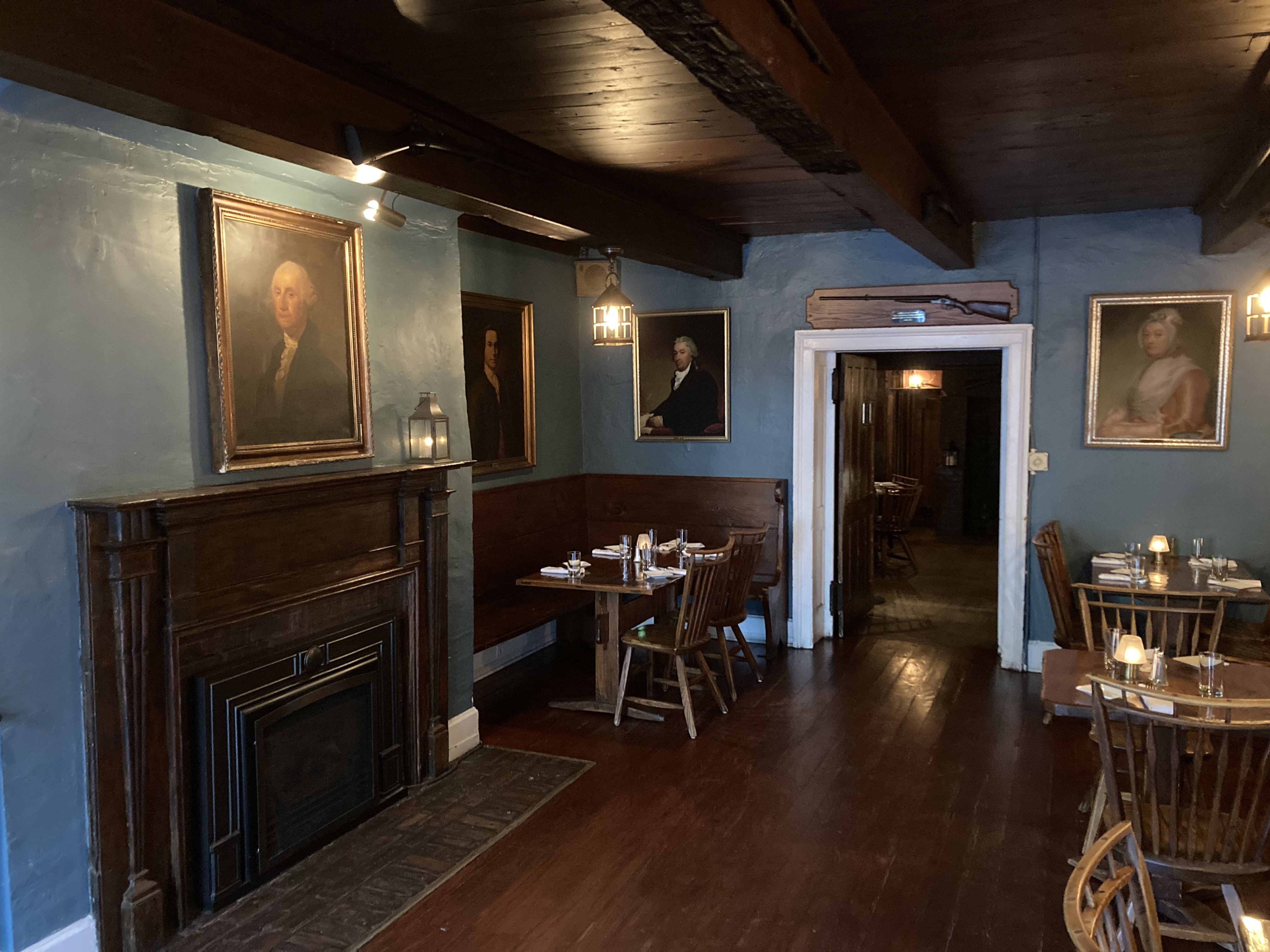The interior of the Beekman Arms — original beams, low ceilings, fireplace, the tavern dining room that has been operating since 1766