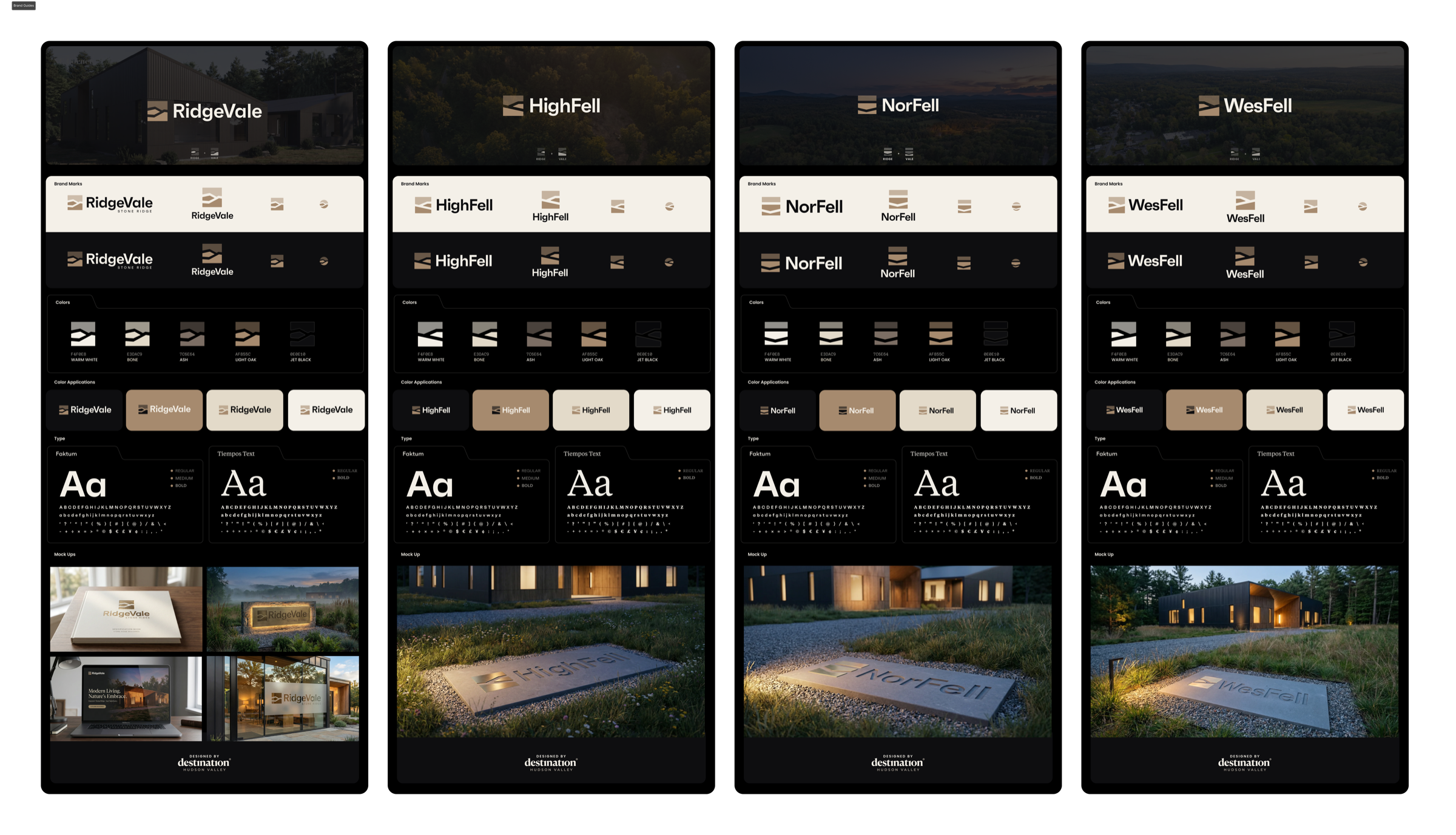 RidgeVale, HighFell, NorFell, and WesFell — brand guides side by side