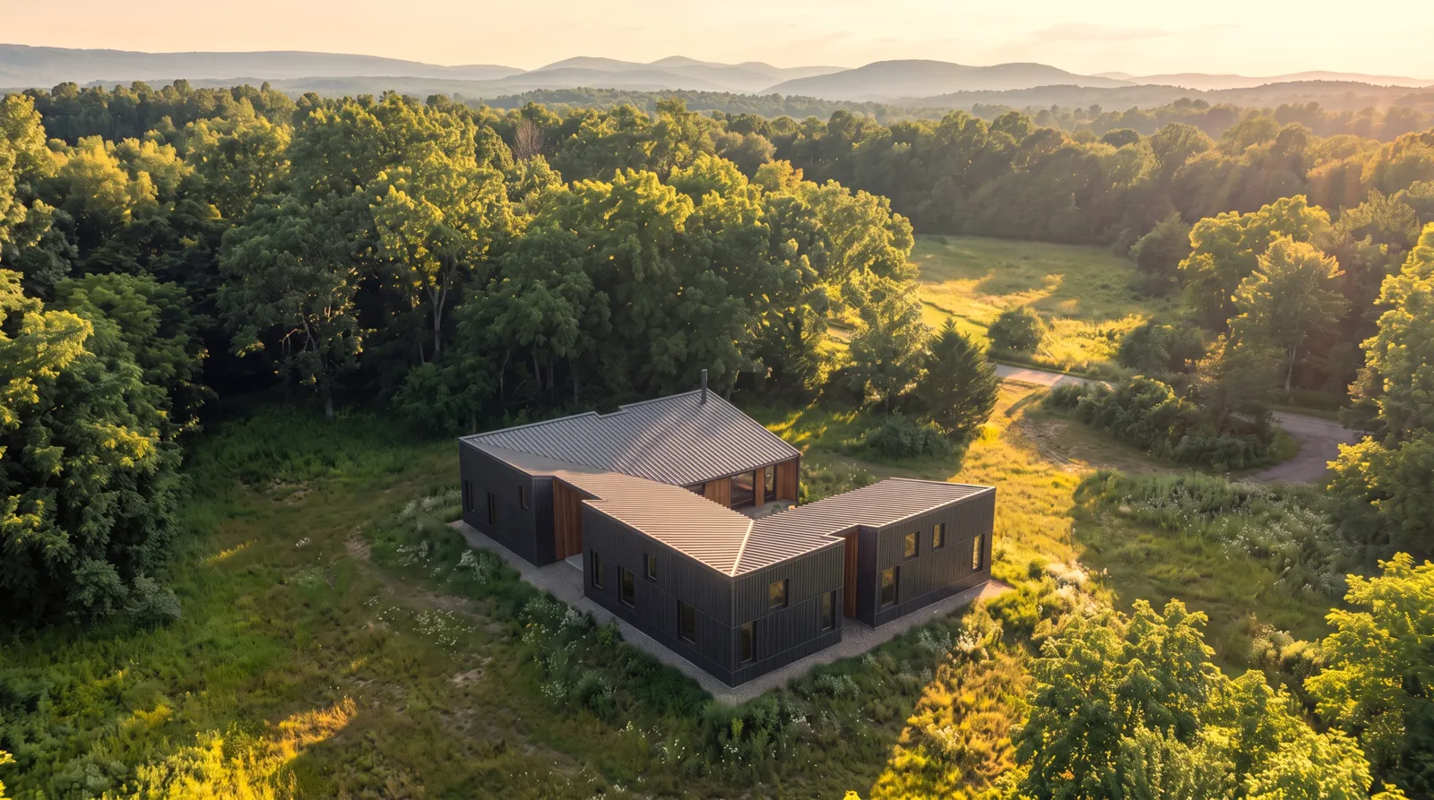 HighFell — golden-hour aerial over the clearing, architectural rendering