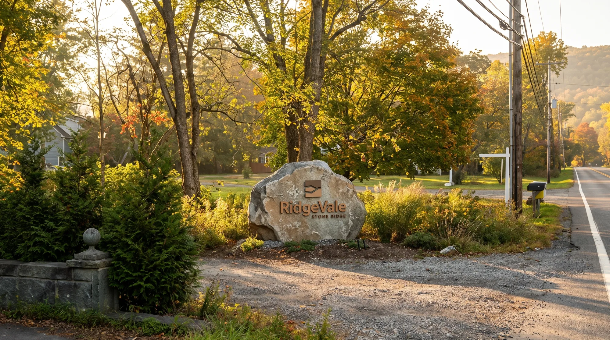 RidgeVale entrance signage — the boulder, composited on the approach