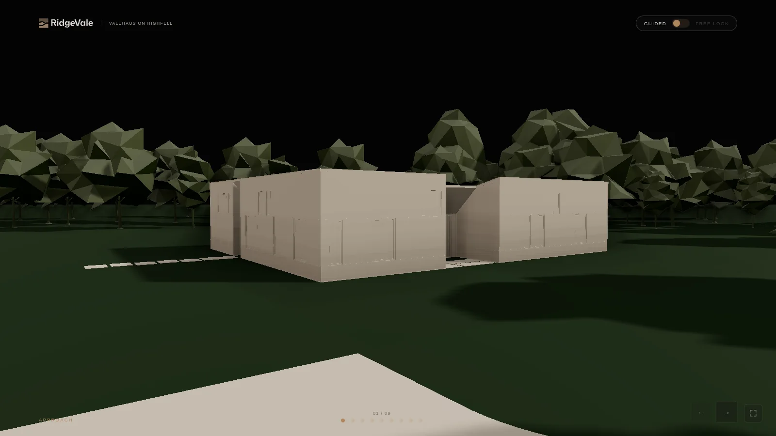 RidgeVale — interactive 3D walkthrough, the approach: the house as a clay volume among the trees
