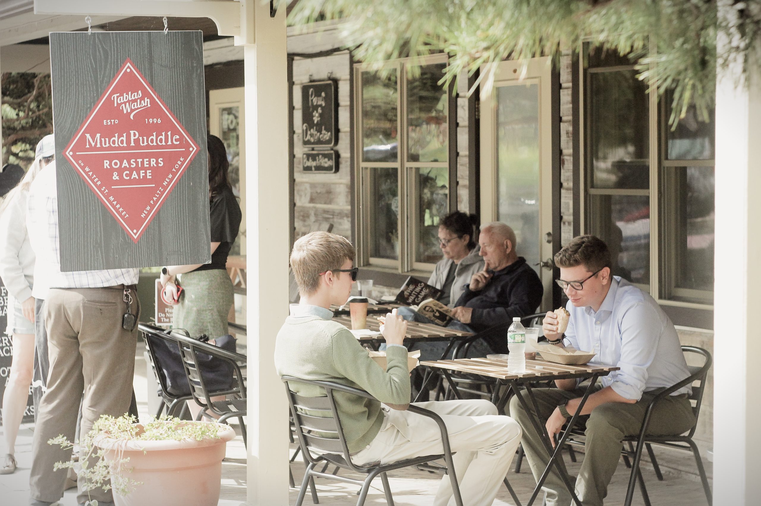 Water Street Market in New Paltz — the piazza-style courtyard with sculpture and café tables