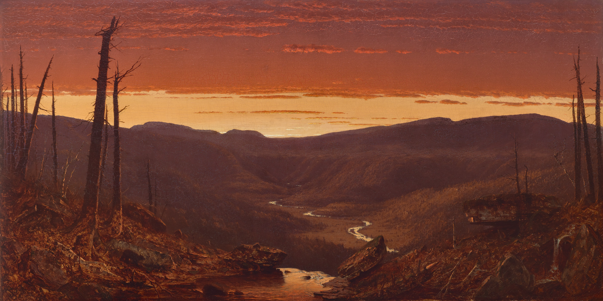 Sanford Robinson Gifford's luminous painting of the Hudson Valley and Catskills at twilight — the river and landscape the Palatines came up to in 1710