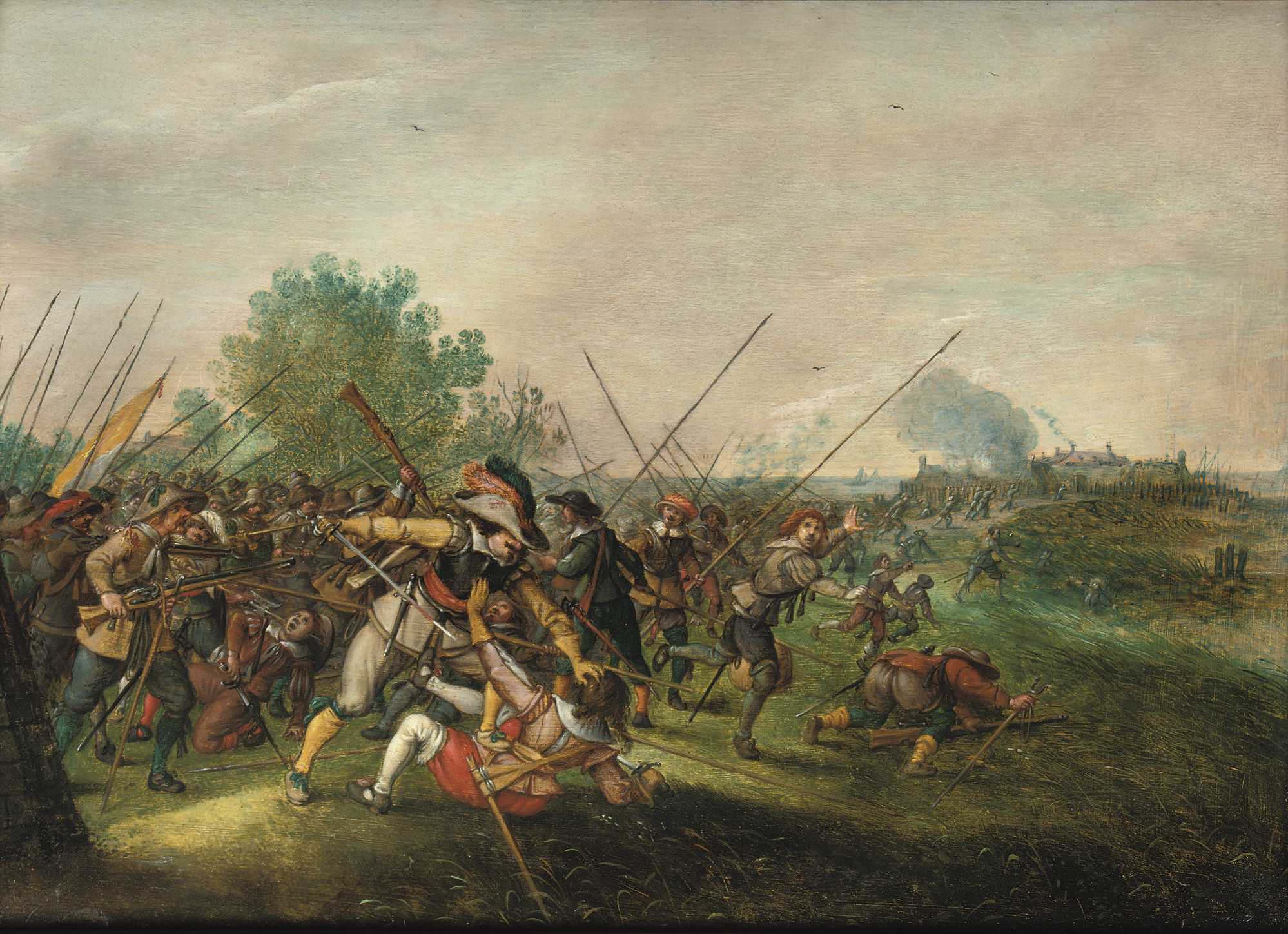 A period engraving of foot soldiers and a burning village — the War of the Spanish Succession in the Rhineland Palatinate that drove the Palatines to flee