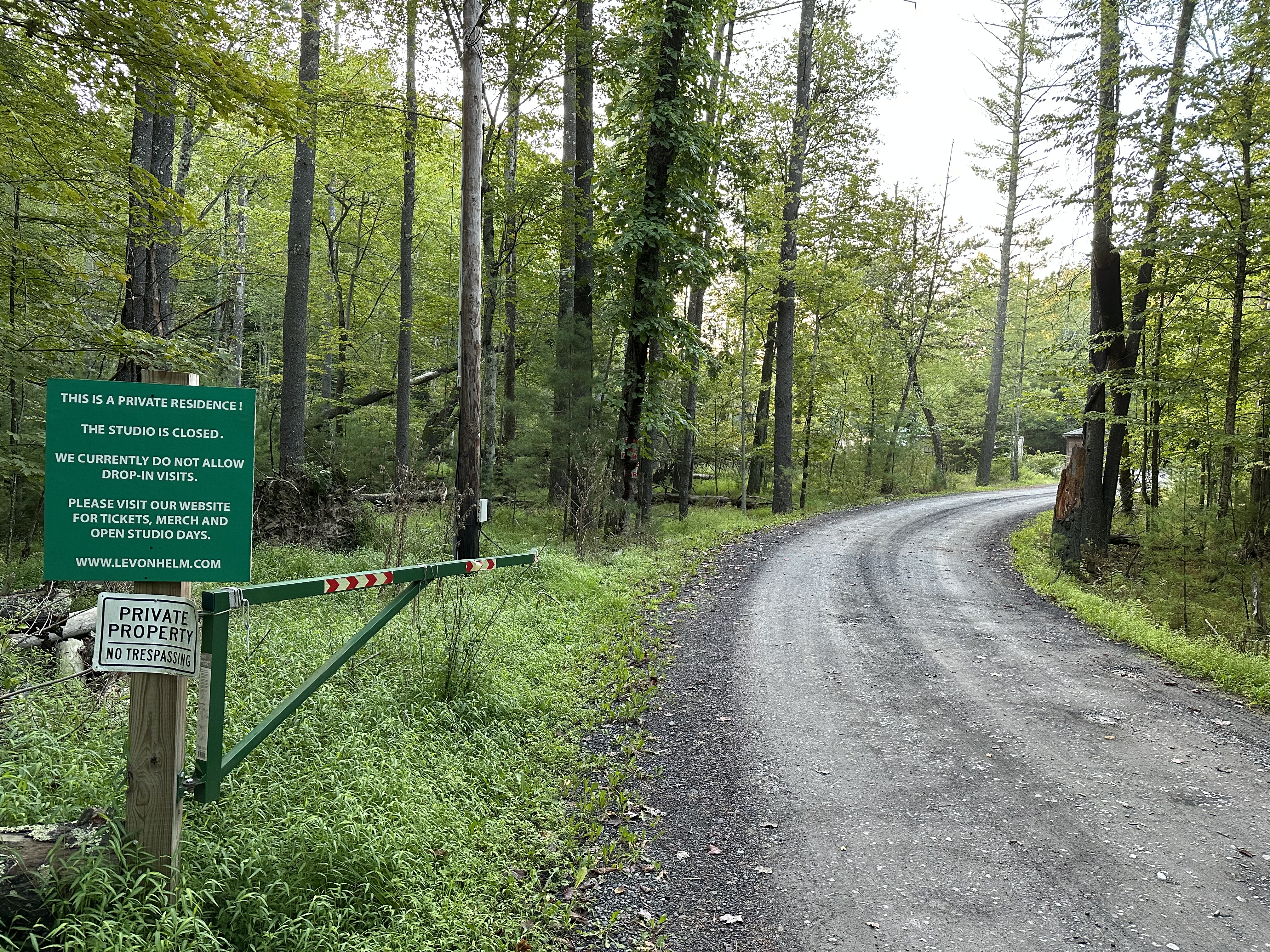 The entrance road and sign to Levon Helm Studios at 160 Plochmann Lane, Woodstock — the Barn that Helm acoustically engineered himself in 1975